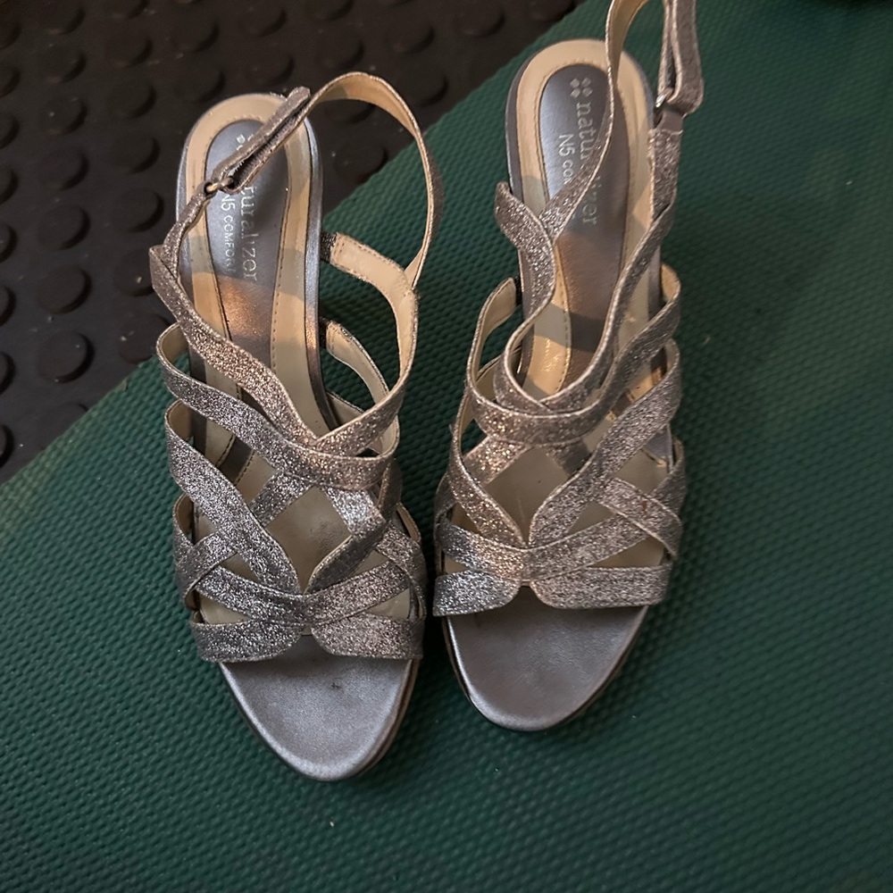 Naturalizer Silver Strappy Heels with Ankle Strap